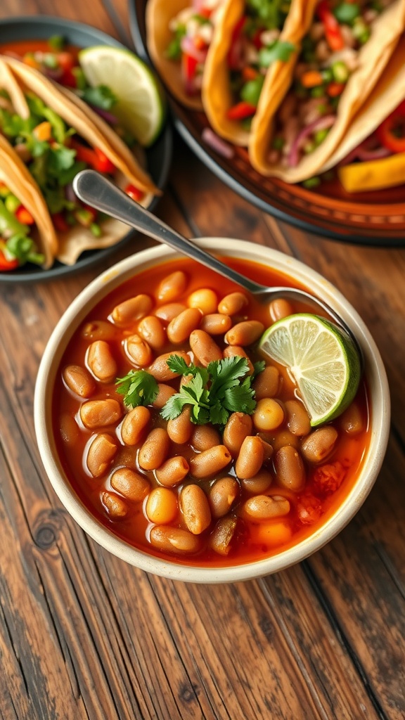 A bowl of pinto beans garnished with cilantro and lime, surrounded by tacos and vegetables on a wooden table.